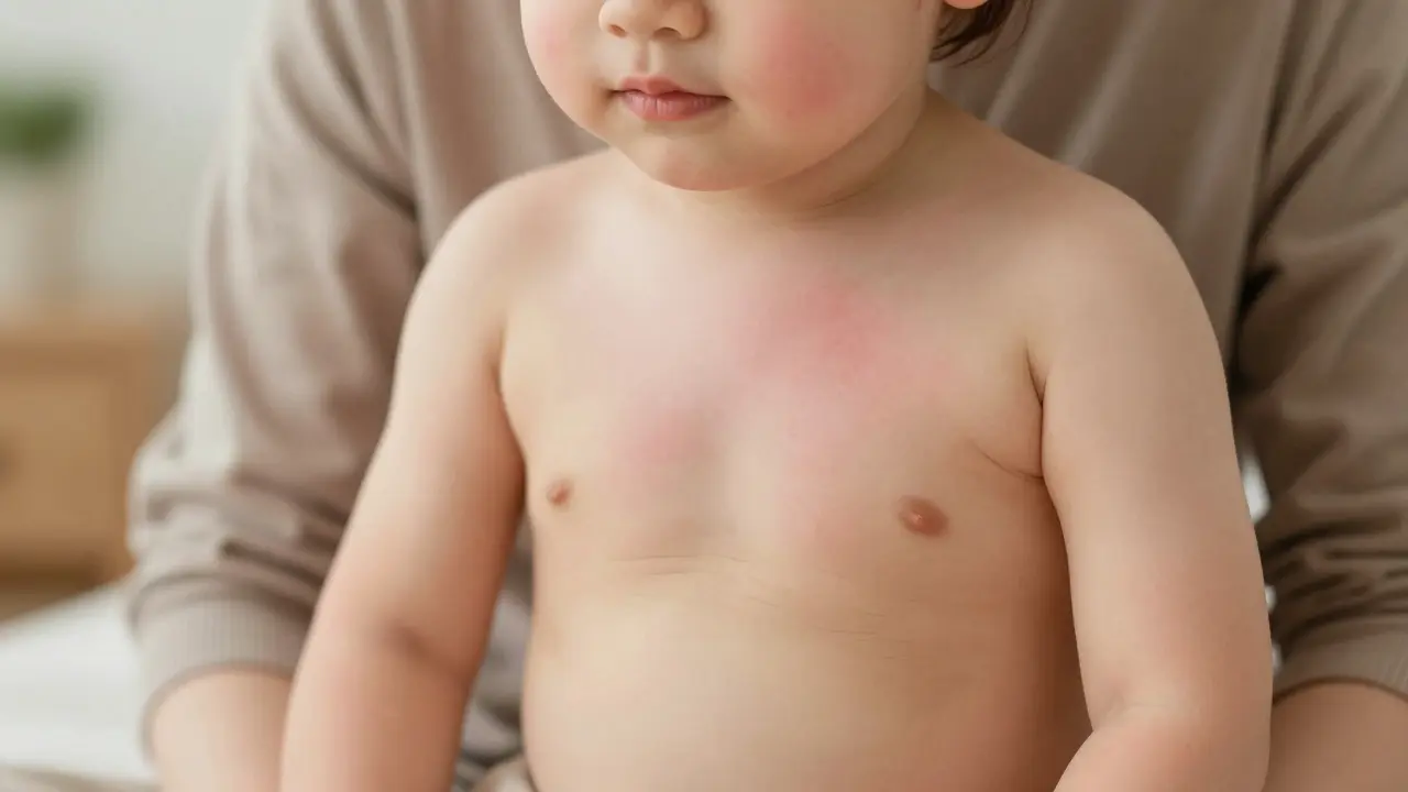 Dítě s jemnou růžovou vyrážkou na hrudi a pažích sedí na kolenou rodiče.