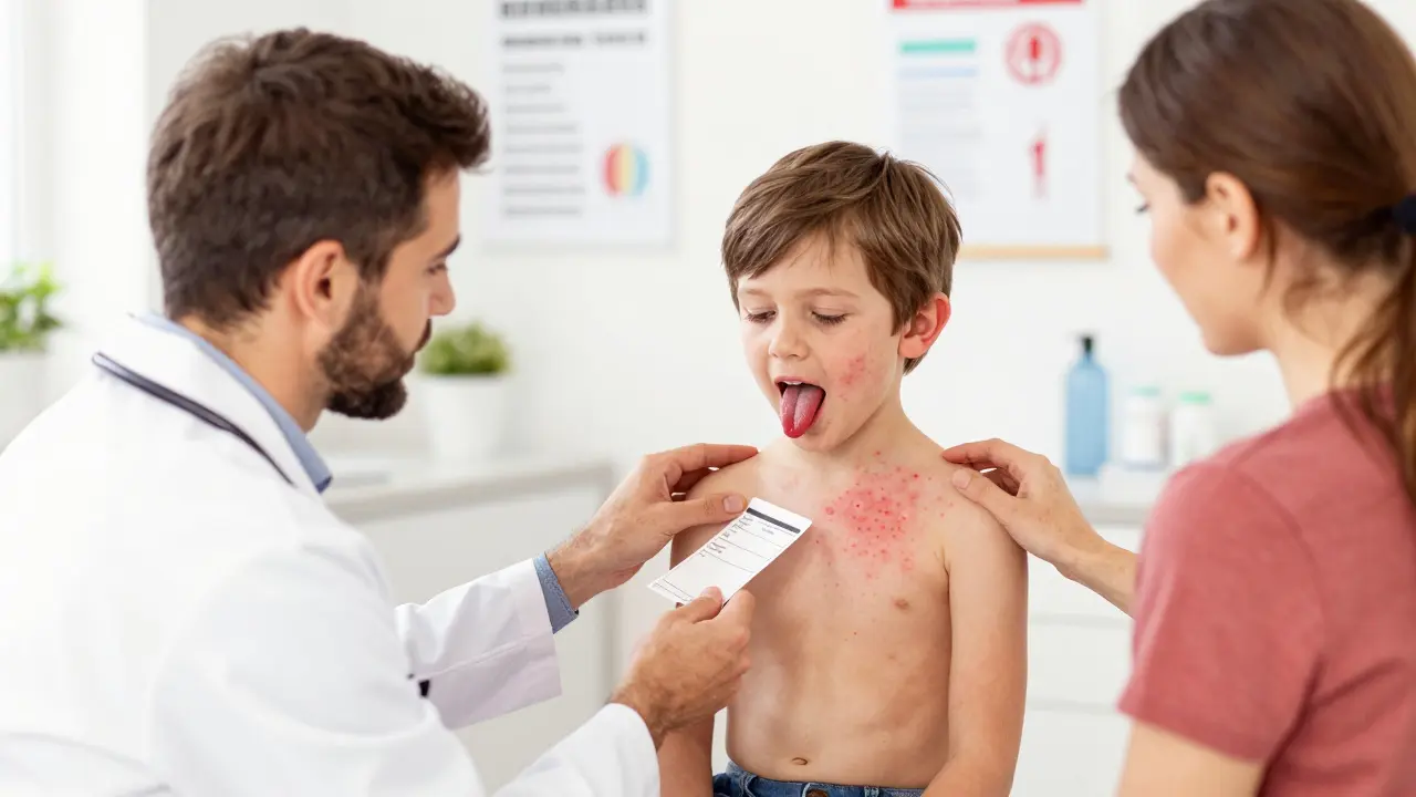 Dítě s skarlátovou vyrážkou a jahodovým jazykem při vyšetření u lékaře.