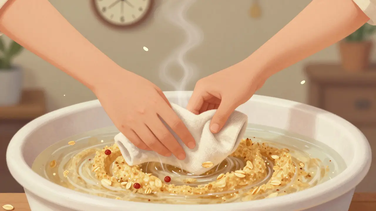 Dítě se koupá v ovesné kaši, která uklidňuje svědění vyrážky.