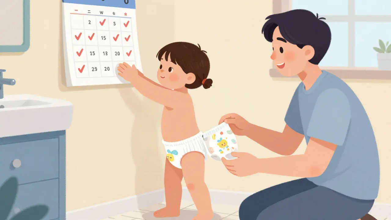 Dítě si vybírá ochranné kalhoty s rodičem, kteří spolu podporují pokrok.