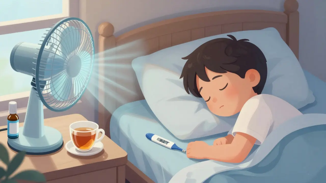 Dítě spí v lehkém oblečení s teplotou pod 38,5 °C a elektrolyty na nočním stolku.