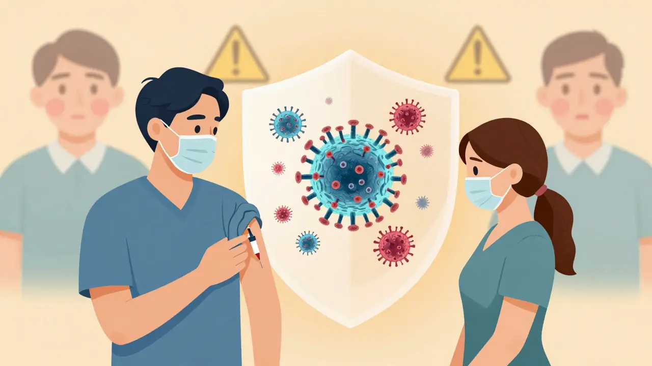 Dospělí dostávají vakcínu MMR, s obrázkem viru a protilátek jako ochranného štítu.