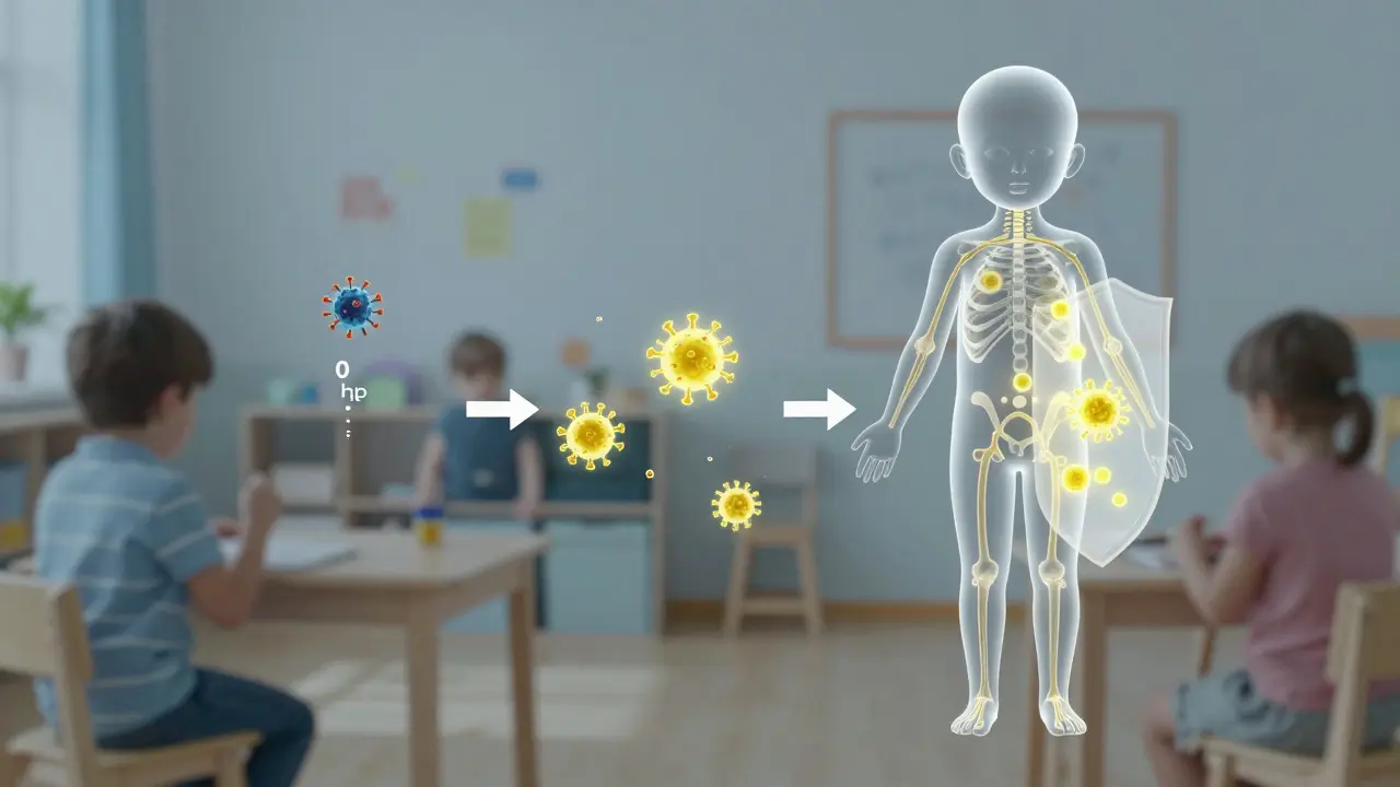 Ilustrace těla dítěte s postupným vytvářením protilátek po očkování, od dne 0 do dne 14.