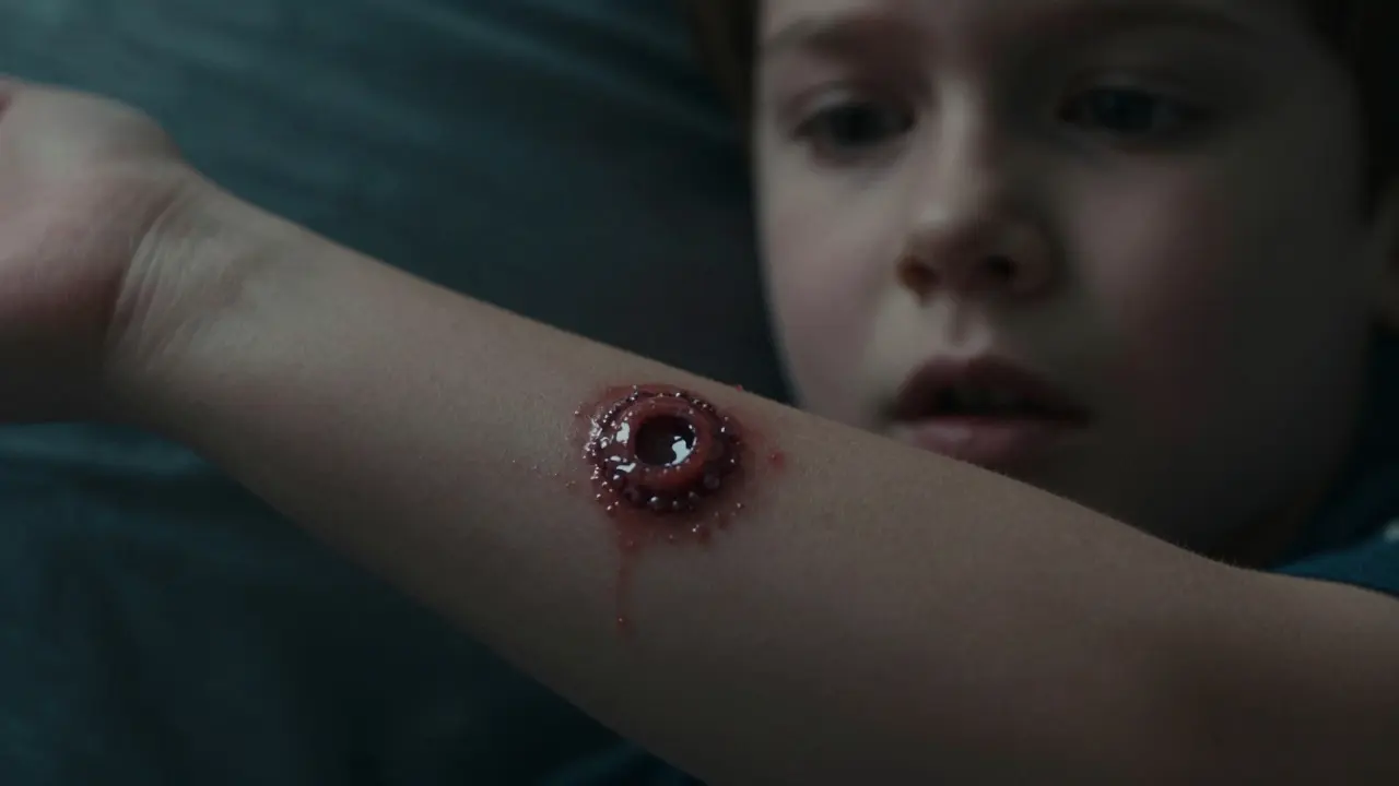 Infikovaná bublinka na paži dítěte, rodič hledá pomoc.