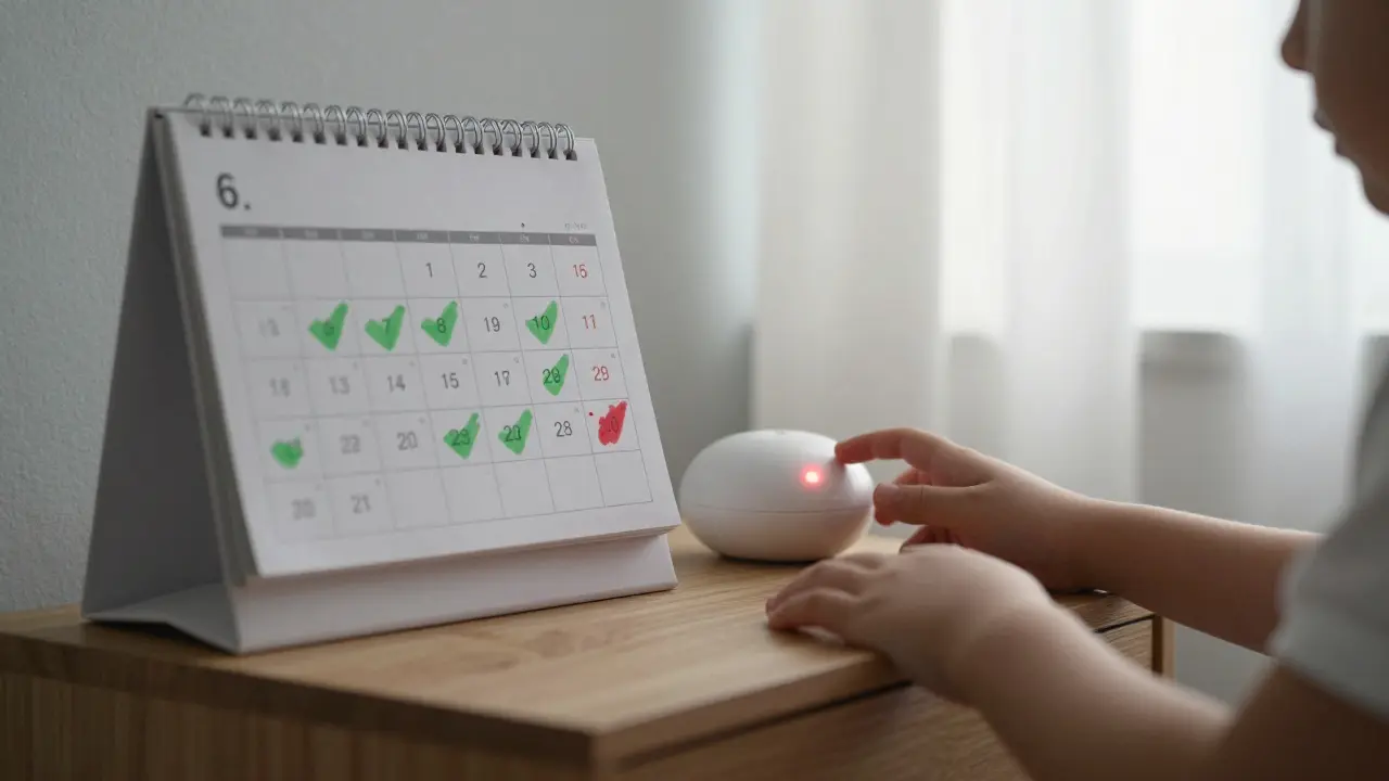 Kalendář na nočním stolku s označenými suchými a mokrými nocemi a močovým alarmem.
