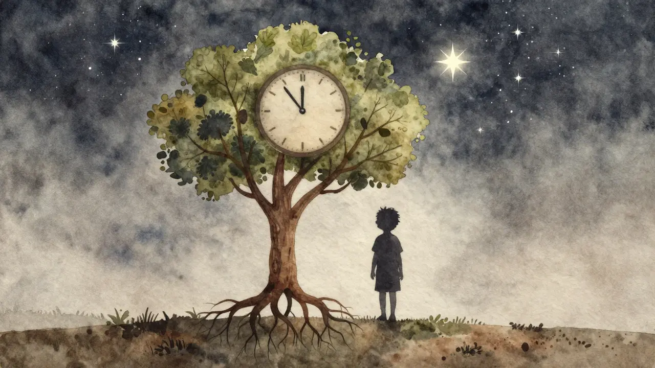 Kresba dítěte vedle stromu s kořeny tvaru močového měchýře pod hvězdnou oblohou.