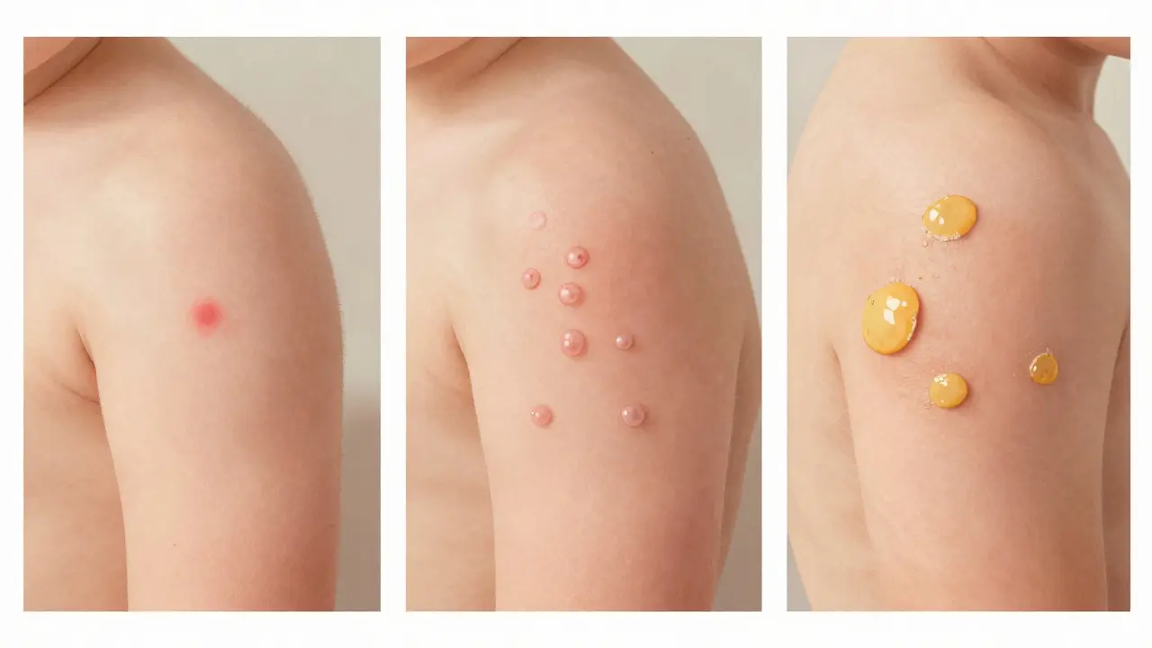 Krok za krokem vývoj impetiga: červená skvrna, puchýřky a žluté kůrky na ruce.