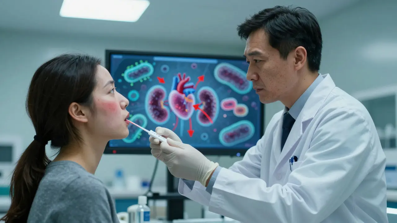 Lékař provádí rychlý test na streptokok u dospělého pacienta, na pozadí je znázorněn šíření bakterií v těle.