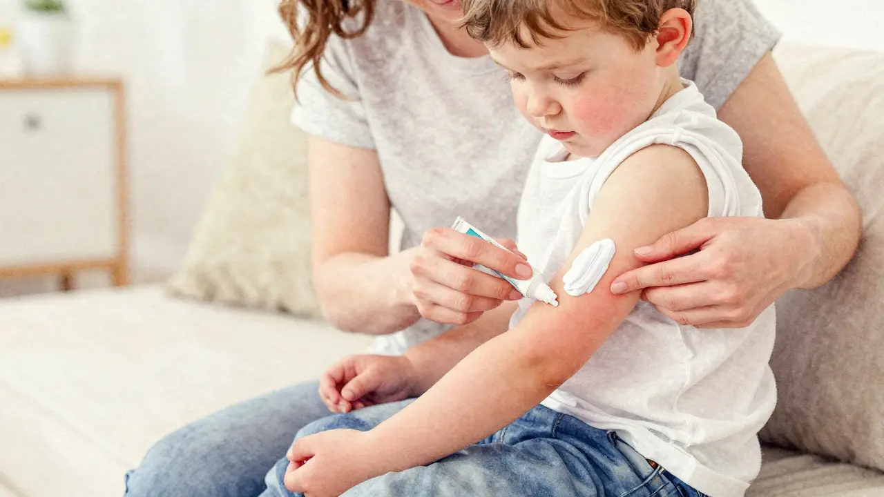 Matka aplikuje mupirocin na kůži dítěte