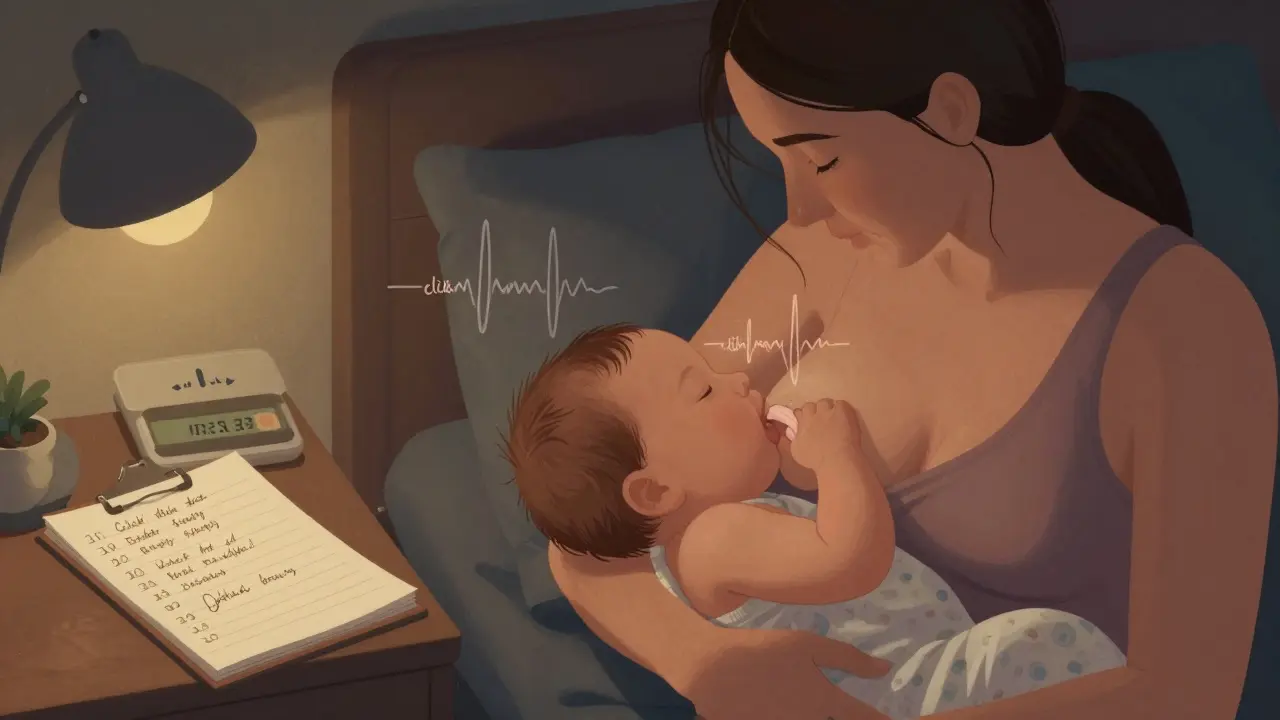 Matka kojí dítě, s viditelným polykáním a zápisem močení a stolic.