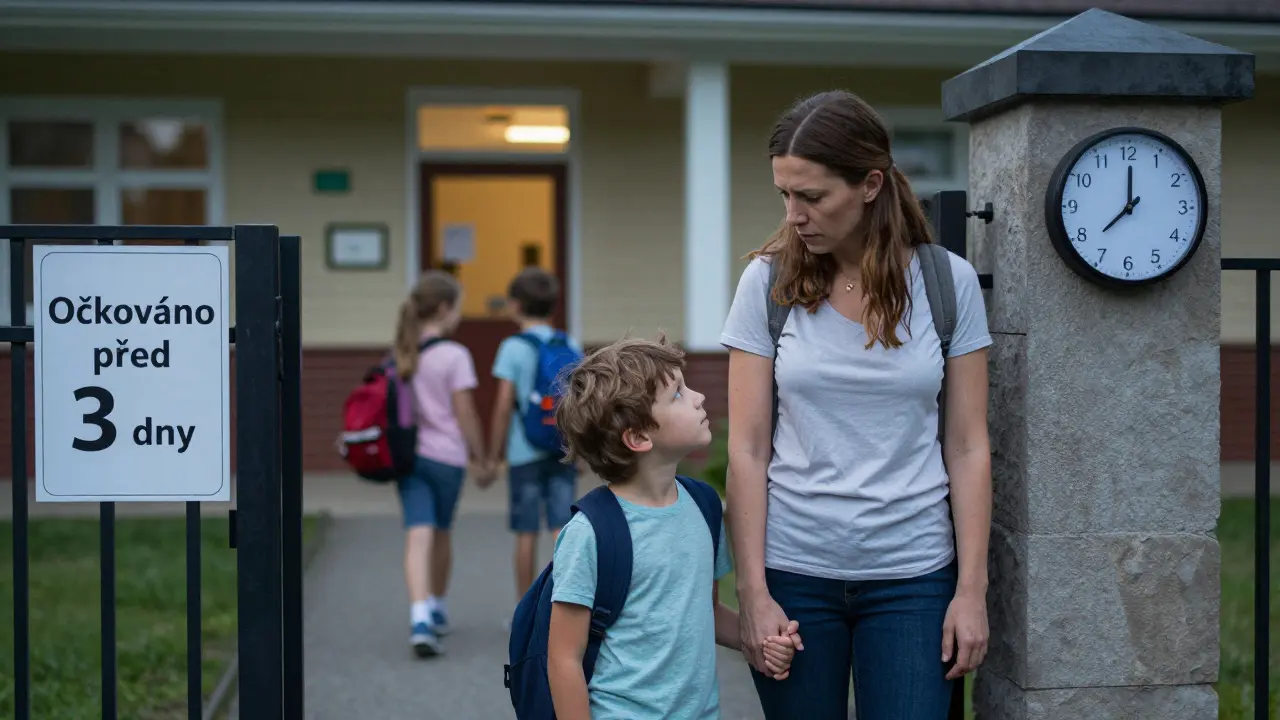 Matka stojí s dítětem před školkou, kde je vidět kalendář s označením 3 dnů po očkování.