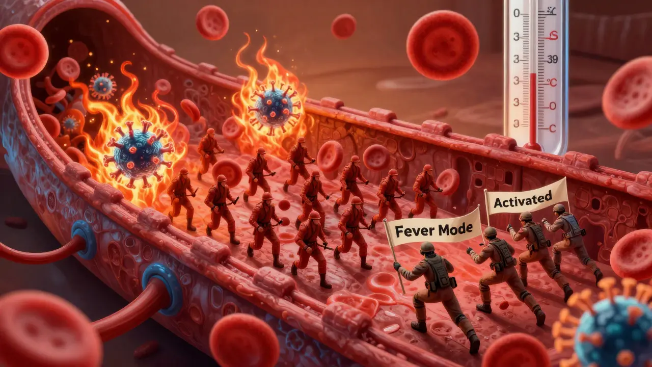 Miniaturní bitva v těle: imunitní buňky útočí na viry v prostředí zvýšené teploty.