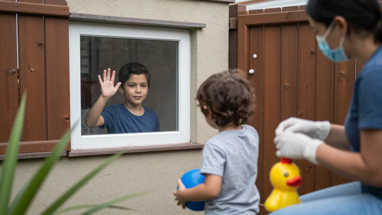 Nemocné dítě v izolaci pozdravuje z okna, zatímco zdravé dítě hraje v zahradě.