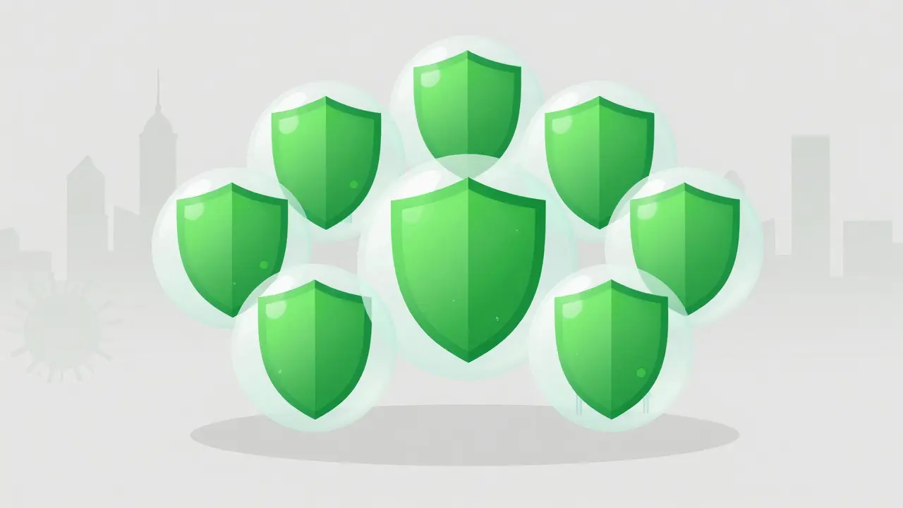 Očkovaní lidé tvoří ochranný štít kolem neochráněného dítěte.