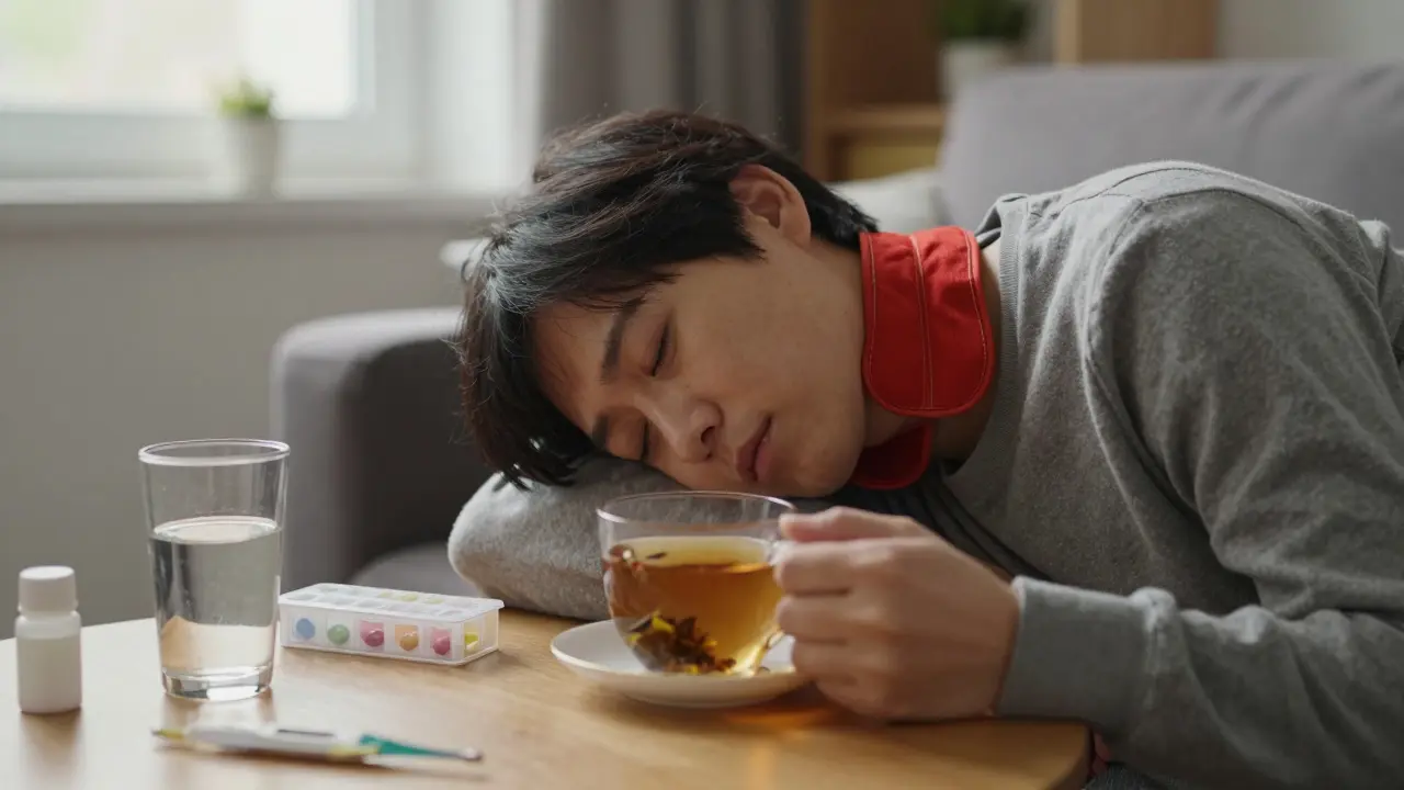 Osoba si odpočívá s chladnou kompresí na krku a teplým nápojem, znázorňující klidnou léčbu a zotavení.