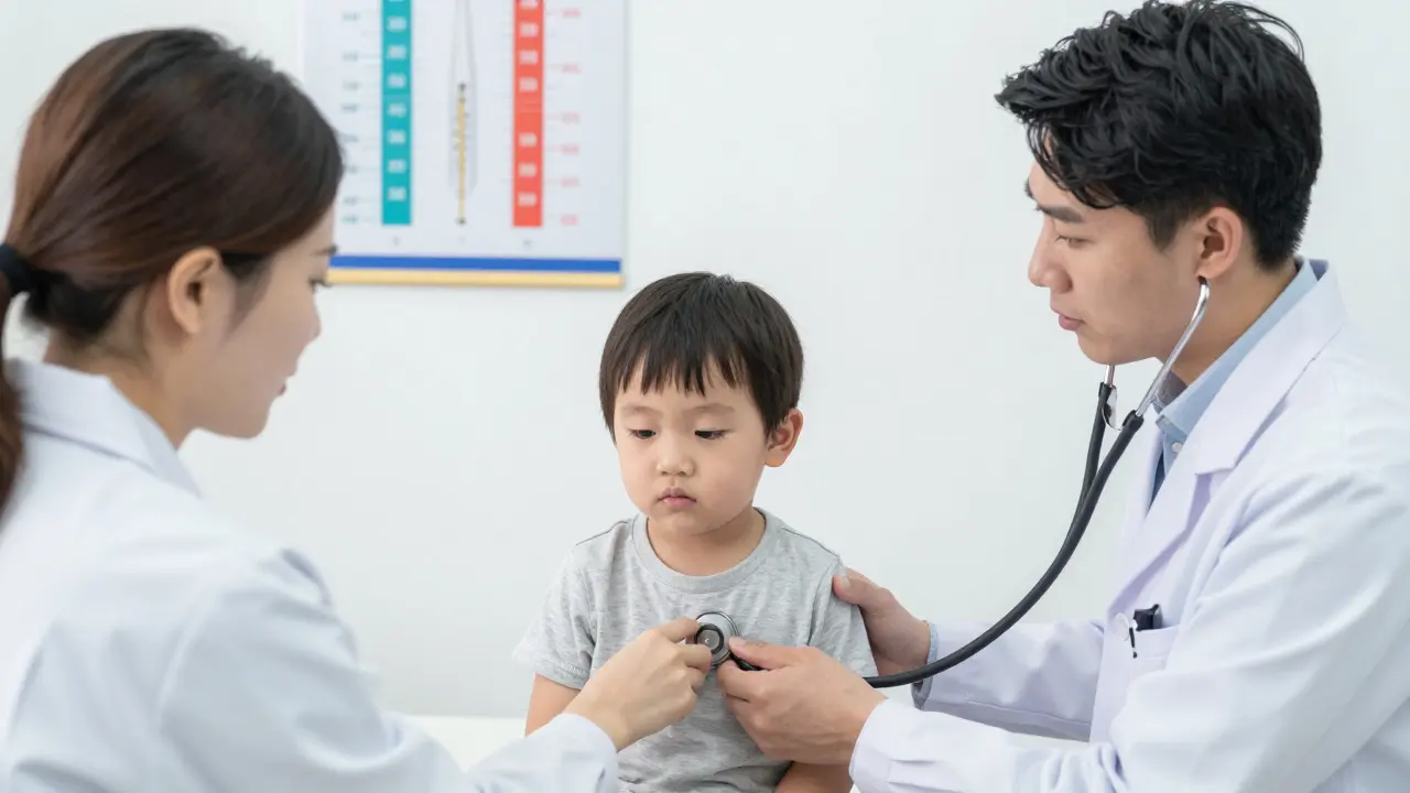 Pediatr vyšetřuje dítě v ordinaci, rodič sedí vedle s klidným výrazem, stetoskop na hrudi.