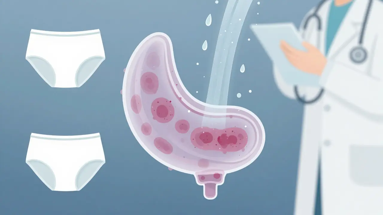 Přehledný nákres močového měchýře s bakteriemi, které vyplavuje voda, s ikonami hygieny.