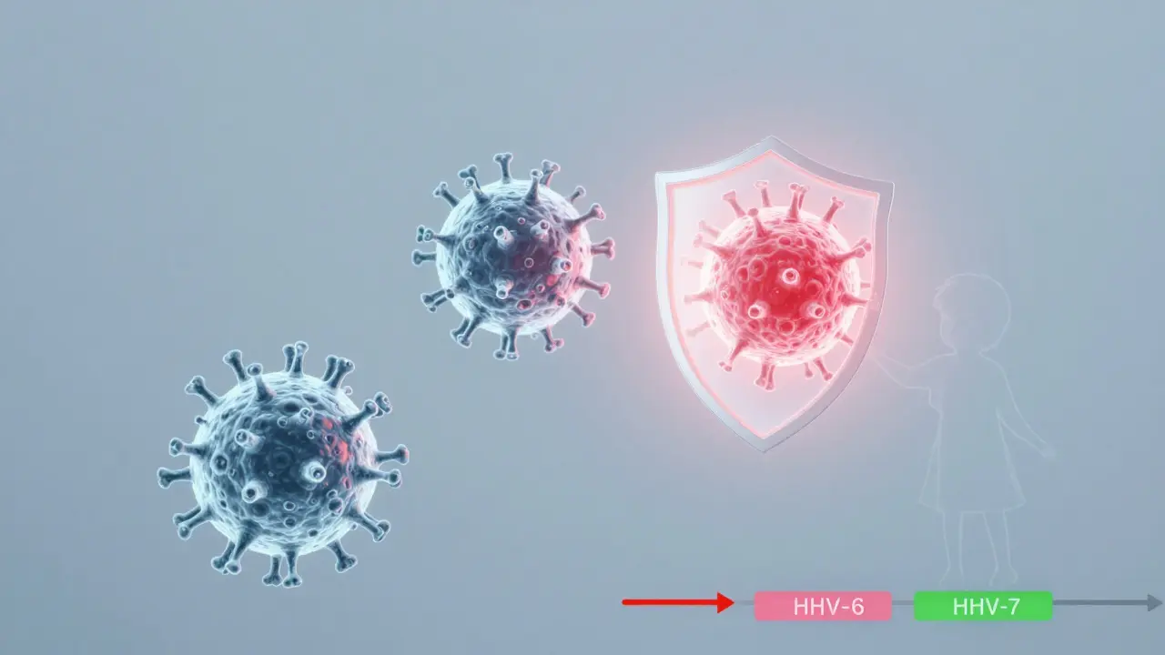 Průhledné viry se mění v štít imunity nad dětským konturou.