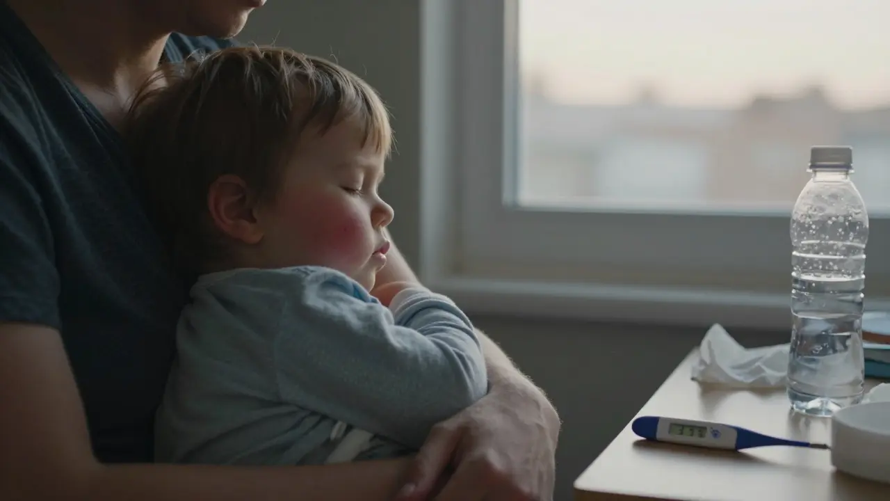 Rodič drží spící dítě v náručí, ranní světlo v okně, teploměr ukazuje mírnou teplotu.