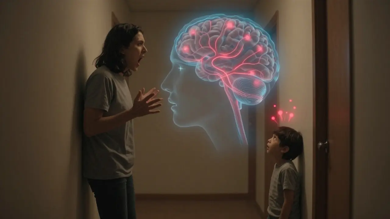 Rodič křičí, dítě se stahuje vzad, v pozadí se objevují nervové spojení označená červenou barvou.