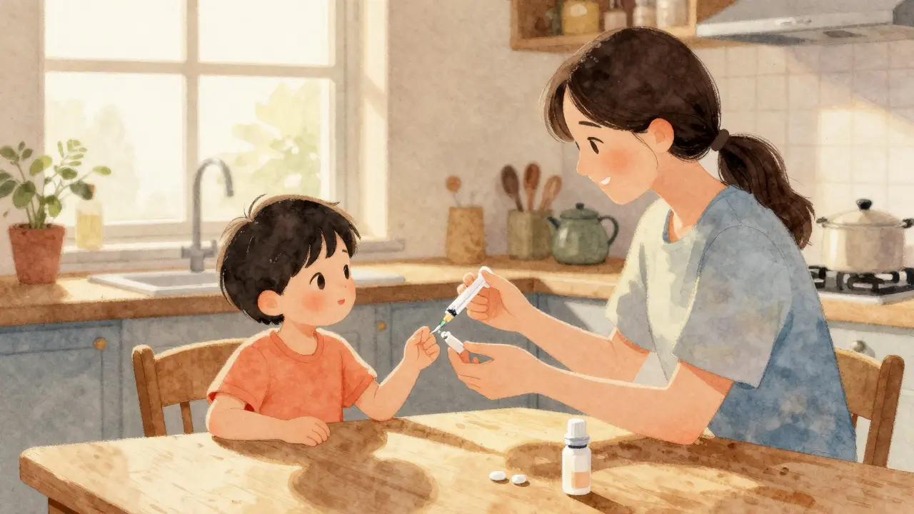 Rodič podává dítěti antibiotika v tekuté formě pomocí stříkačky v kuchyni.