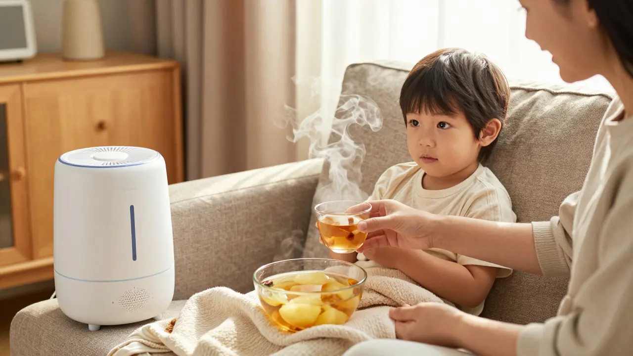 Rodič podává dítěti teplý bylinný čaj v obývacím pokoji s vlhčičkou a teplými pláně.