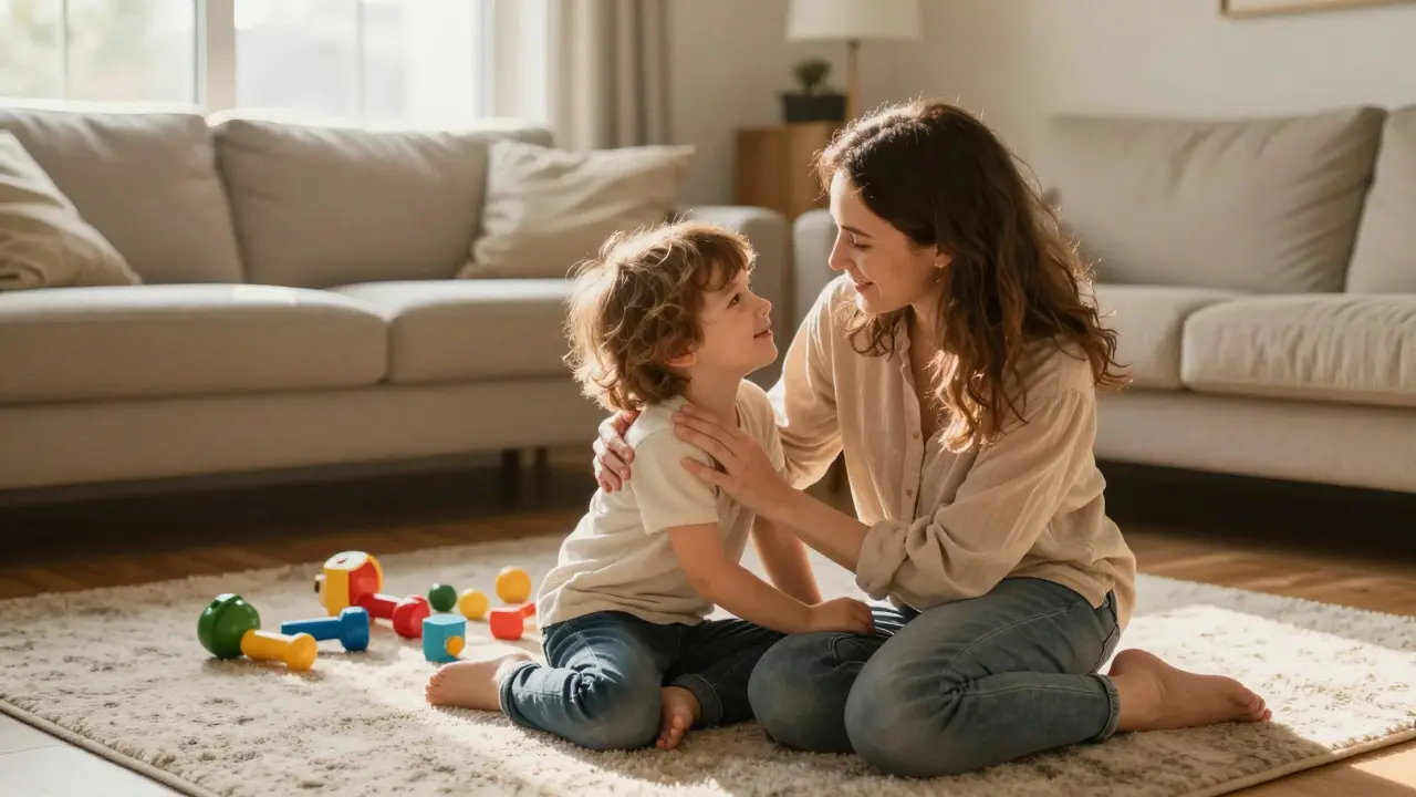 Rodič se klečí vedle dítěte, oba se dívají do očí, mírné světlo a klidná atmosféra.