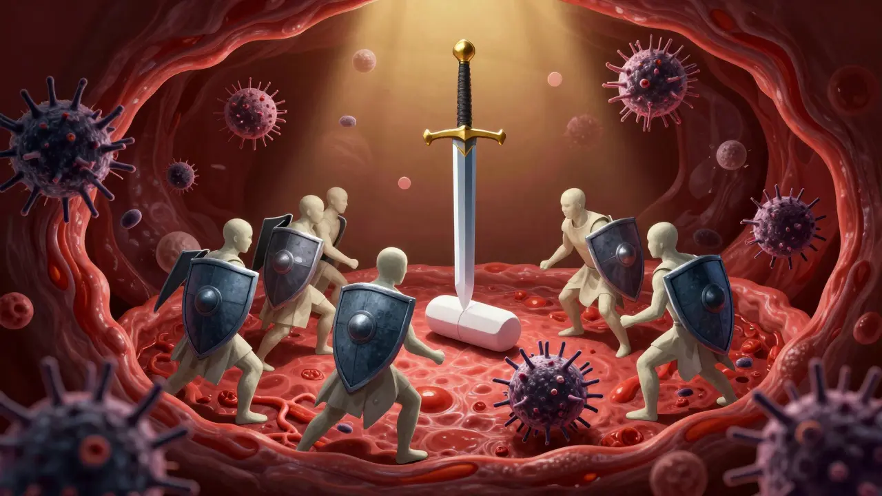 Symbolická scéna boje imunitních buněk proti streptokokům v krku s antibiotikem jako mečem.