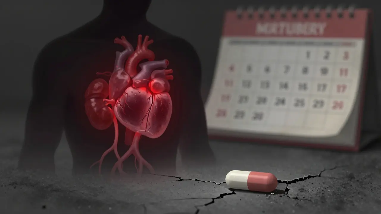 Symbolický obraz nelečené spály, kde infekce poškozuje srdce, ledviny a klouby, na pozadí leží nevyužitá antibiotika.