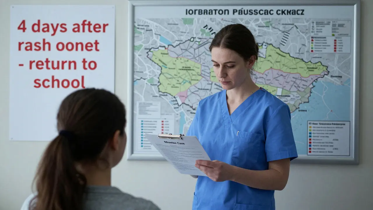 Zdravotní pracovník si prohlíží případ spalniček s oficiálními pokyny k návratu do školy.