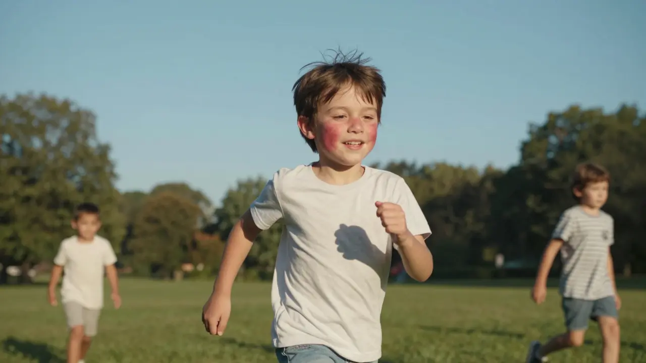 Dítě běží v parku s jemnou červenou výraznou vyrážkou na tvářích při slunci.