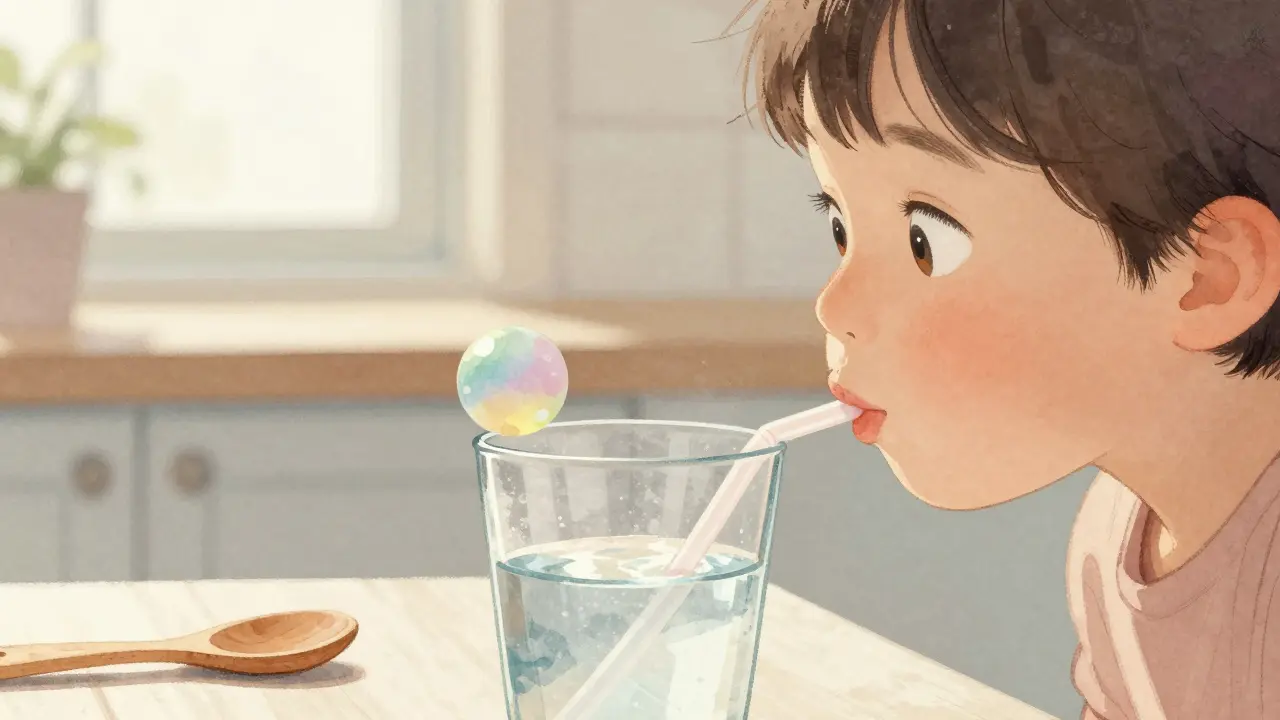Dítě fouká kuličku ve sklenici s vodou.