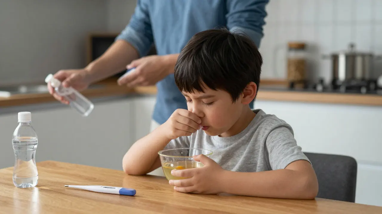 Dítě pije polévku v kuchyni, rodič čistí stůl desinfekčním prostředkem.