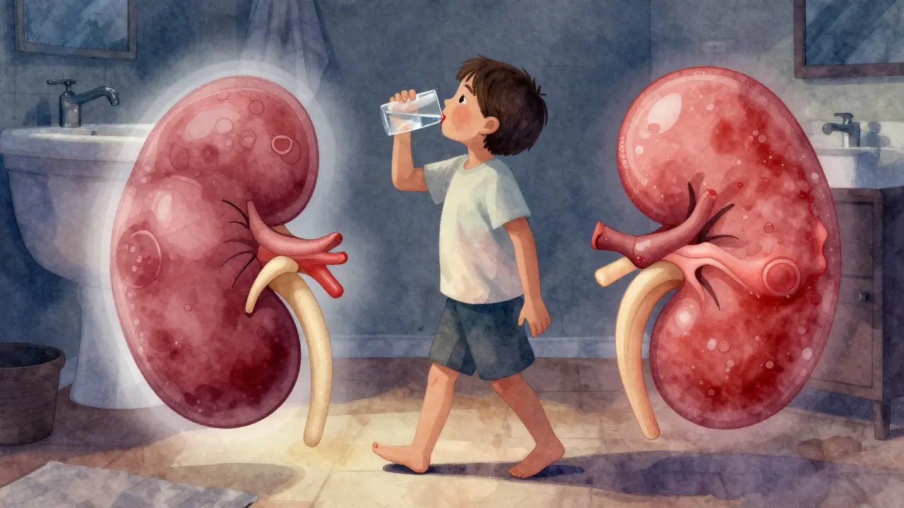 Dítě pije vodu a jde na záchod, s průhledným obrazem zdravé a zánětlivé ledviny vedle sebe v nočním osvětlení.