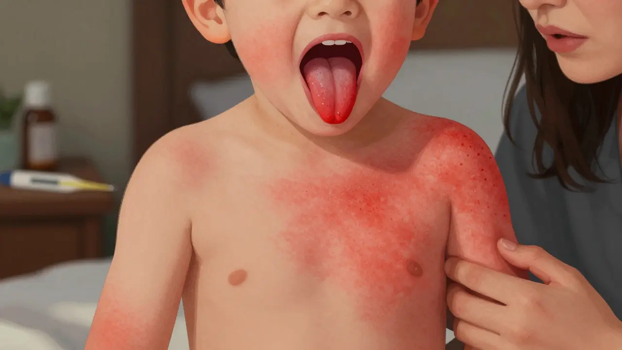 Dítě s červenou vyrážkou na hrudi a jahodovým jazykem, znakem komplikace streptokokové angíny