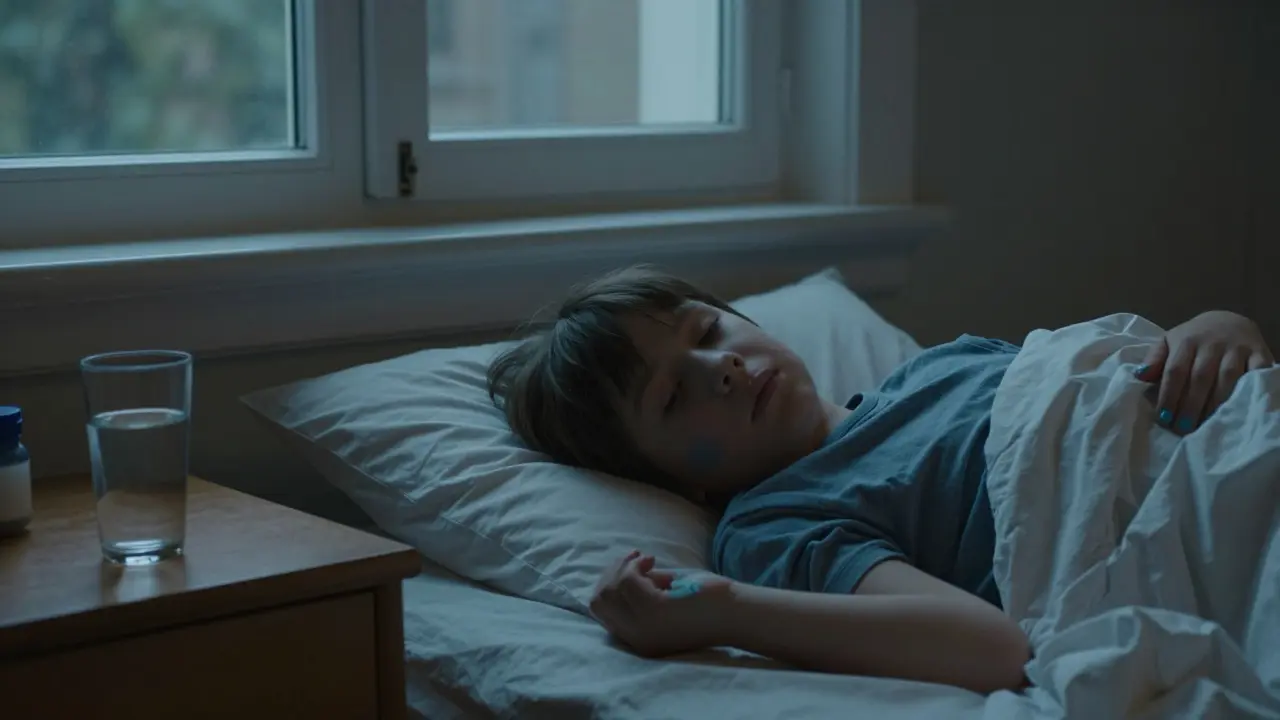 Dítě s modravými rty a prsty leží v klidu na posteli.