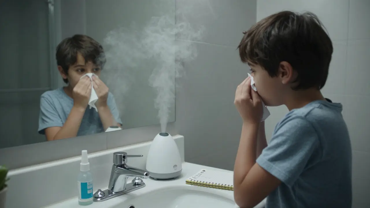 Dítě se dívá do zrcadla a opatrně si vytírá nos, vedle něj jsou léčivé pomůcky na koupelně.