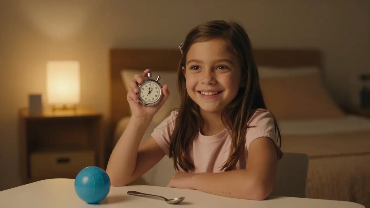 Dítě se pyšní na stopky během cvičení foukání.