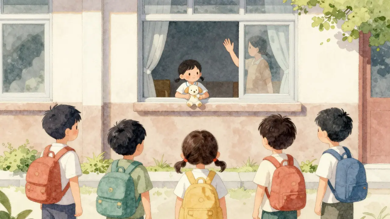 Dítě sleduje spolužáky venku z okna, zatímco dospělý pozoruje zevnitř.