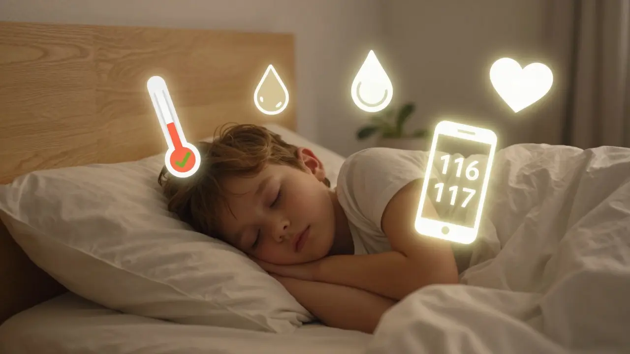 Dítě spí, kolem něj plavají ikony: teploměr, kapka vody, srdce a telefon s číslem 116 117.