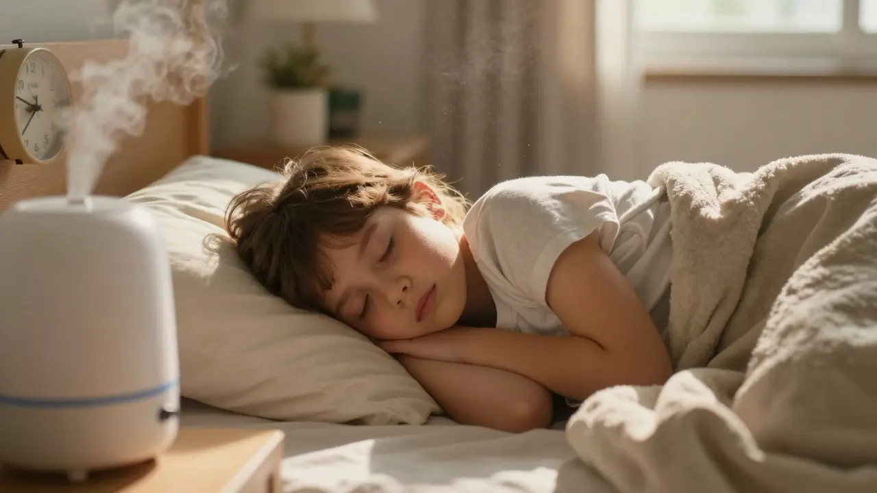 Dítě spí na boku v klidném pokoji s vlhčičem a slunečním světlem pronikajícím skrz okno.