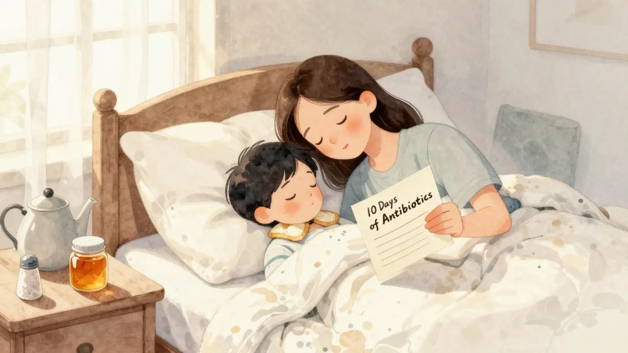 Dítě spí pod dekou s teplou obkladem na krku, matka čte pokyny k léčbě antibiotiky na stole.