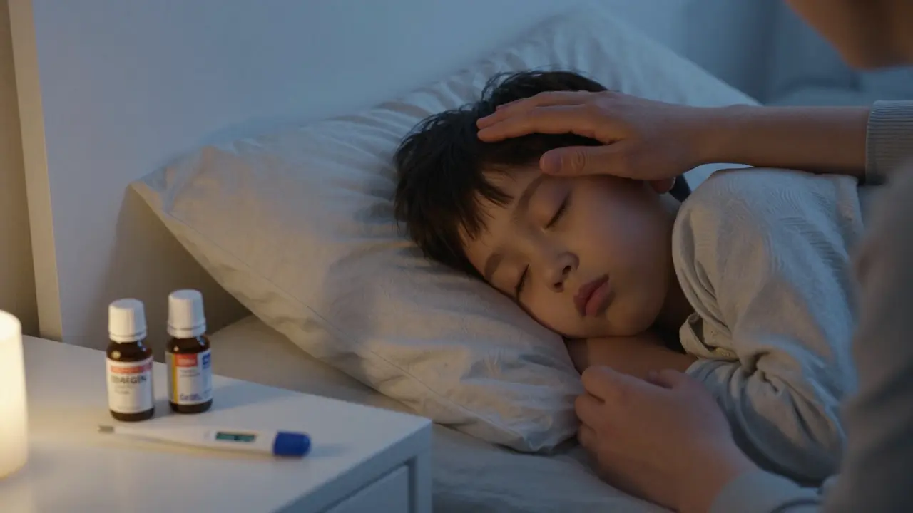 Dítě spí s lehkou horečkou, rodič ho pozoruje bez podávání léku.