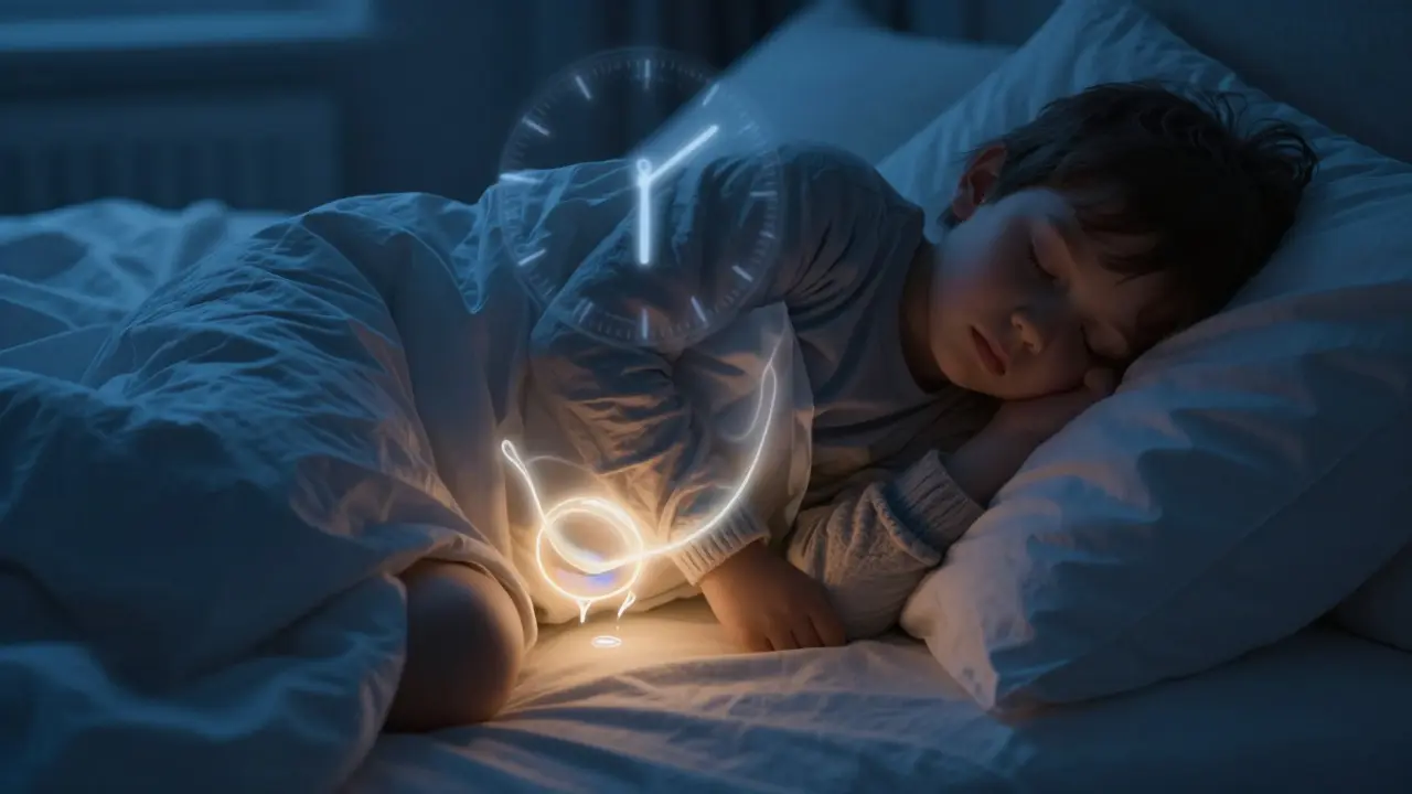 Dítě spí v posteli, s viditelným zbytkem moče v močovém měchýři a teplými punčochami na nohách.