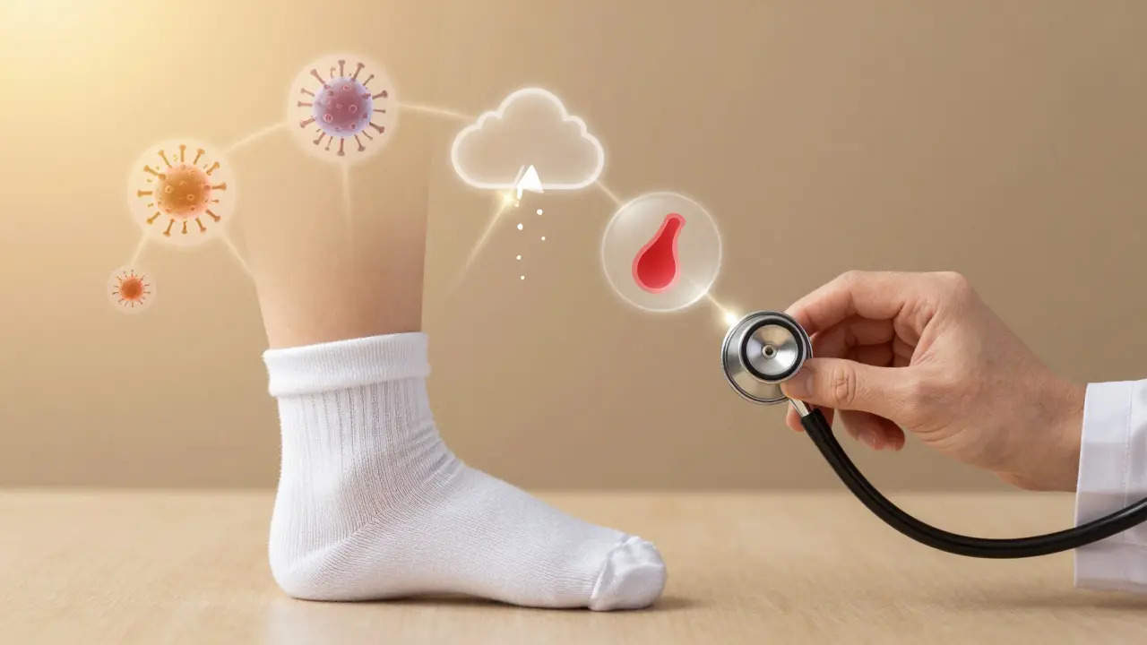 Dítěte noha s symbolickými ukazateli příčin fleků a lékařem, který pomáhá diagnostikovat.