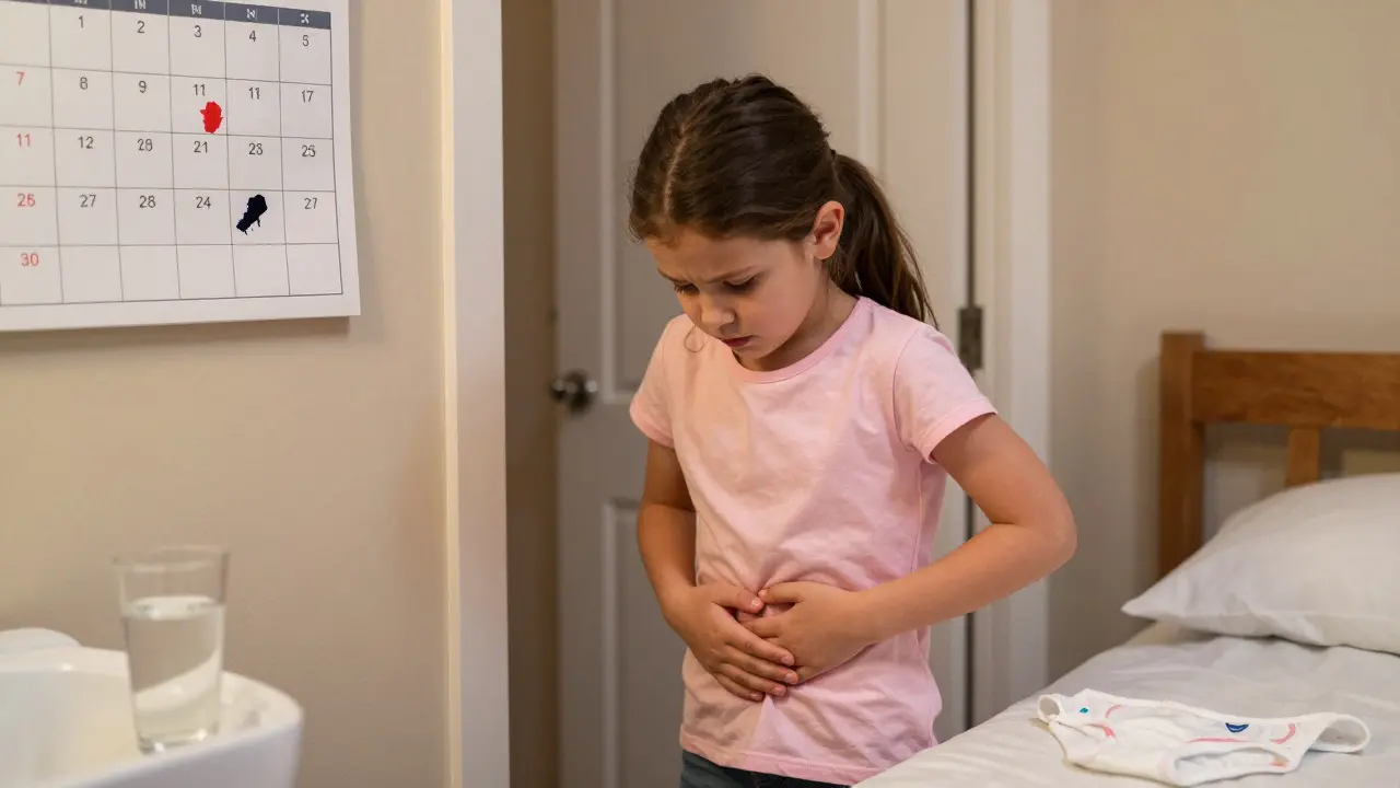 Dívka drží břicho a stojí u koupelny, v pozadí viditelné noční pomočování a sklenice vody.