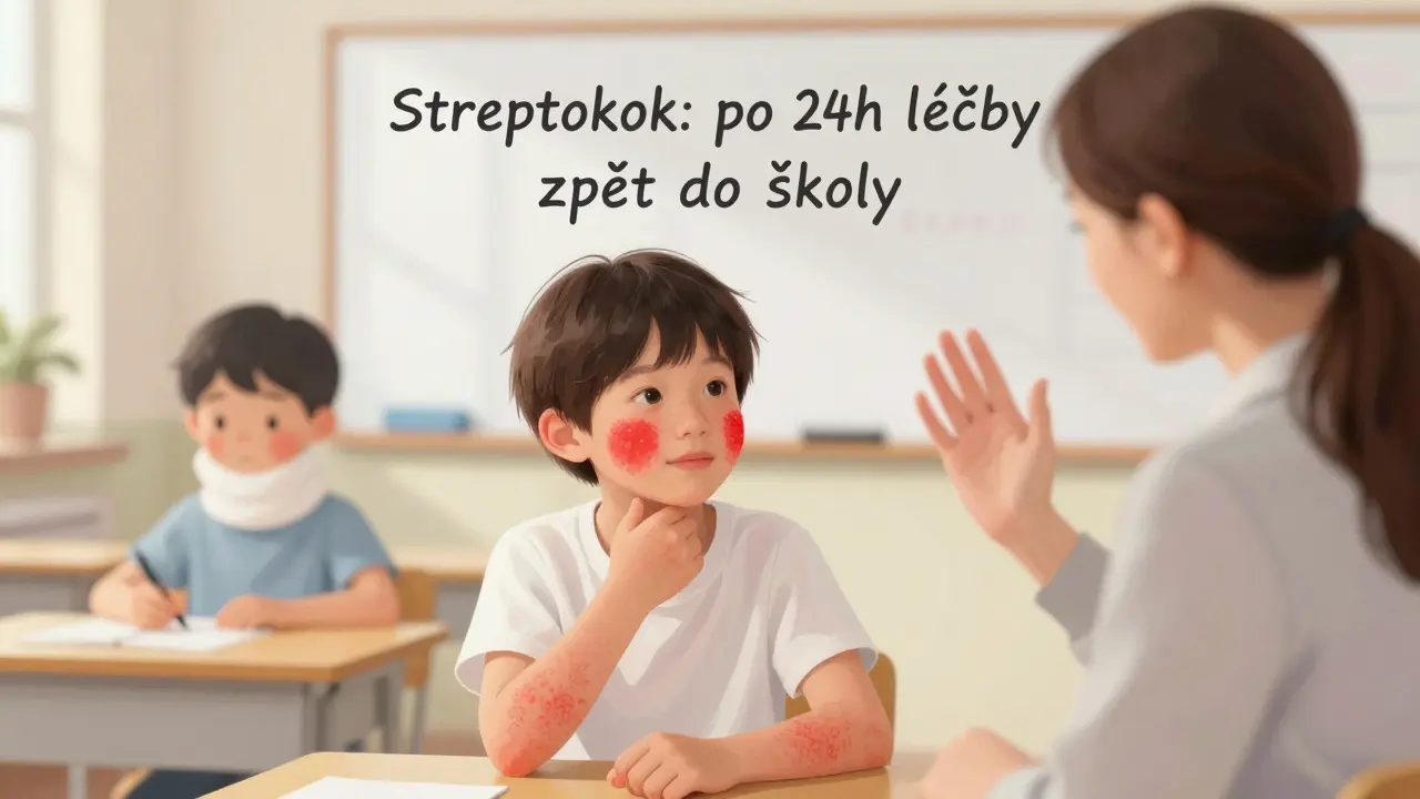 Dvě děti ve škole: jedna s červenými tvářemi (infekční erytém), druhá s bolestí hrdla (streptokok).