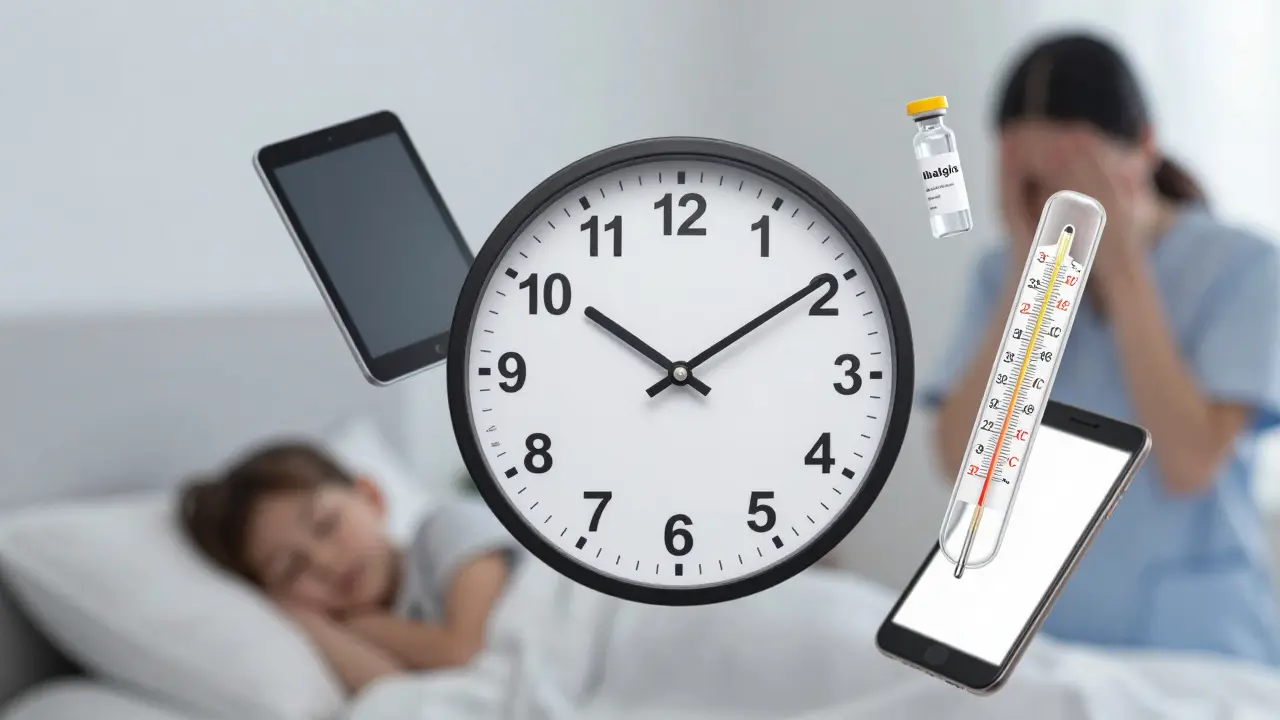 Hodiny ukazující 6–8 hodin účinku ibuprofenů, teploměr klesá z 39°C na 37°C, za pozadím spící dítě.