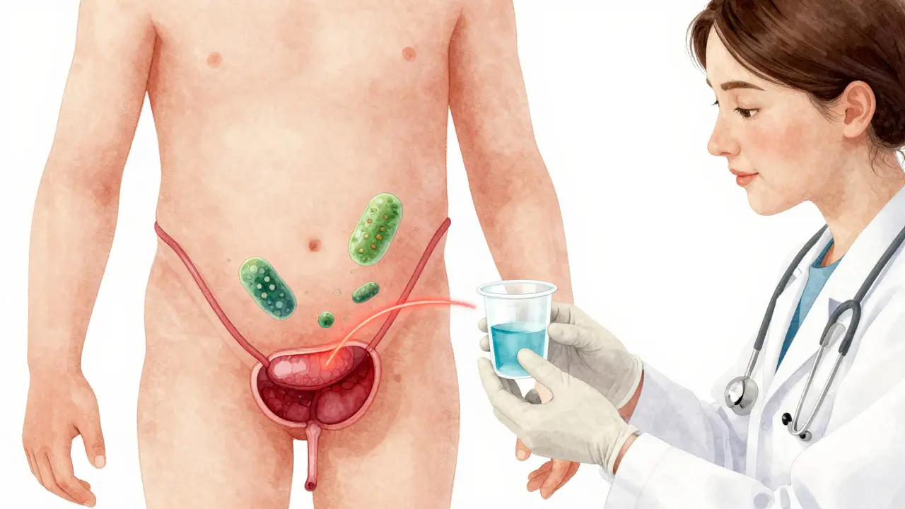 Ilustrace močových cest dítěte s bakteriemi E. coli, které se přesunují z analní oblasti do močového měchýře.