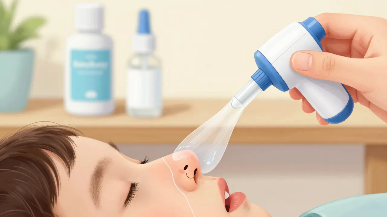 Ilustrovaný nos s průtokem hlenů, spolu s nástroji jako odsávač a kapky, v mírném kresleném stylu.